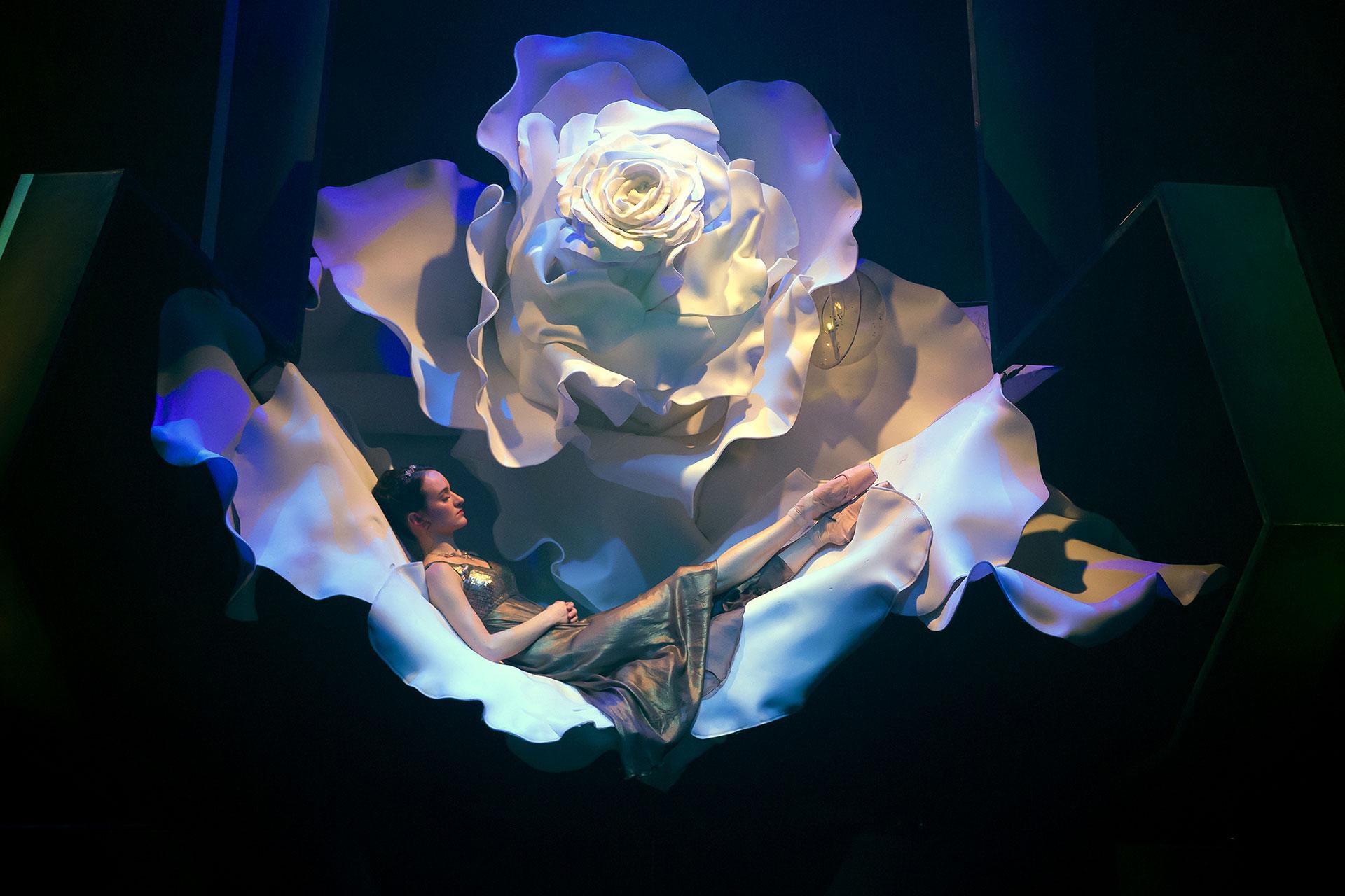 Dreda Blow as Beauty sleeping in a giant white rose. Photo Emma Kauldhar.