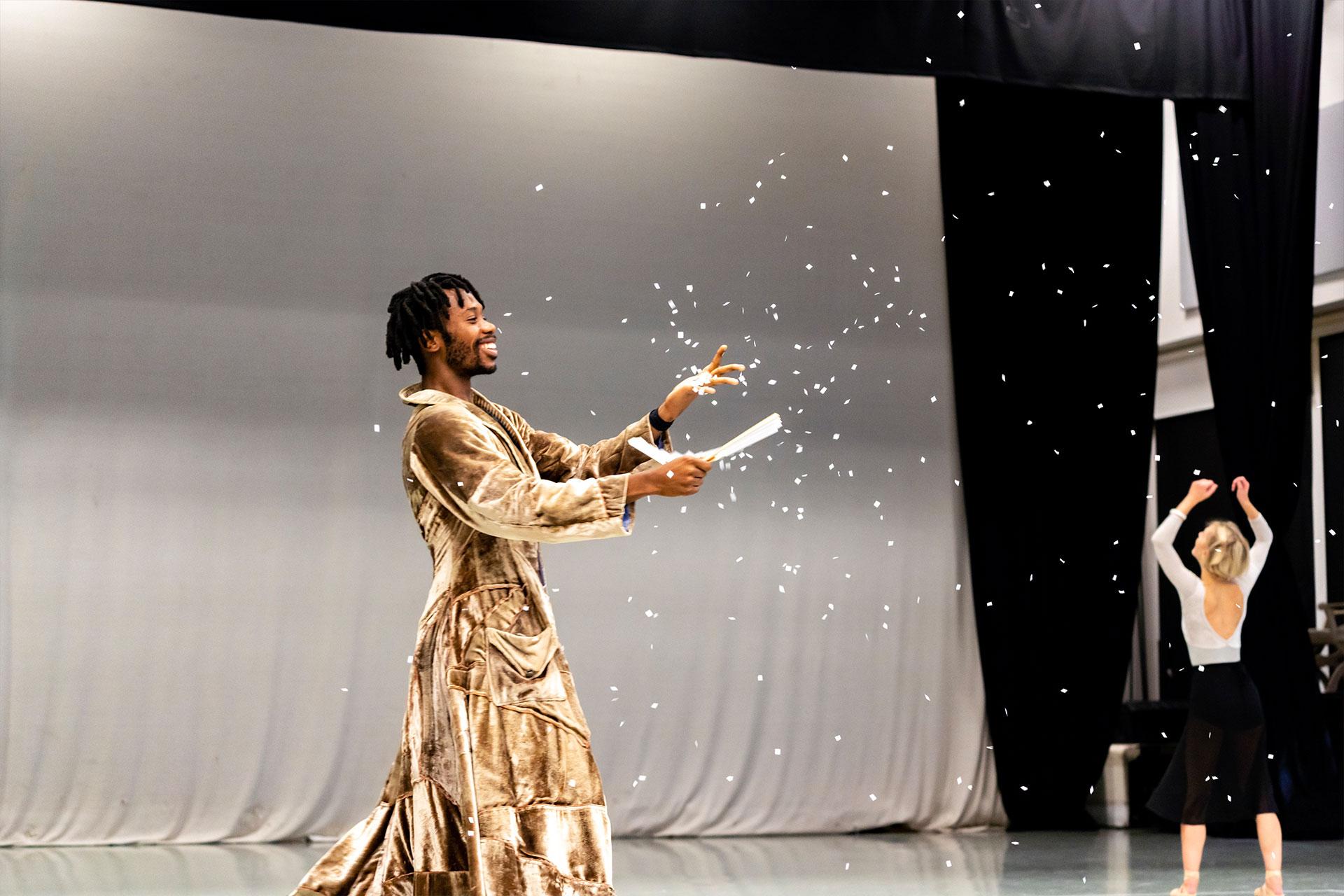 Mlindi Kulashe rehearsing his role as the Magician in Cinderella. Photo Riku Ito