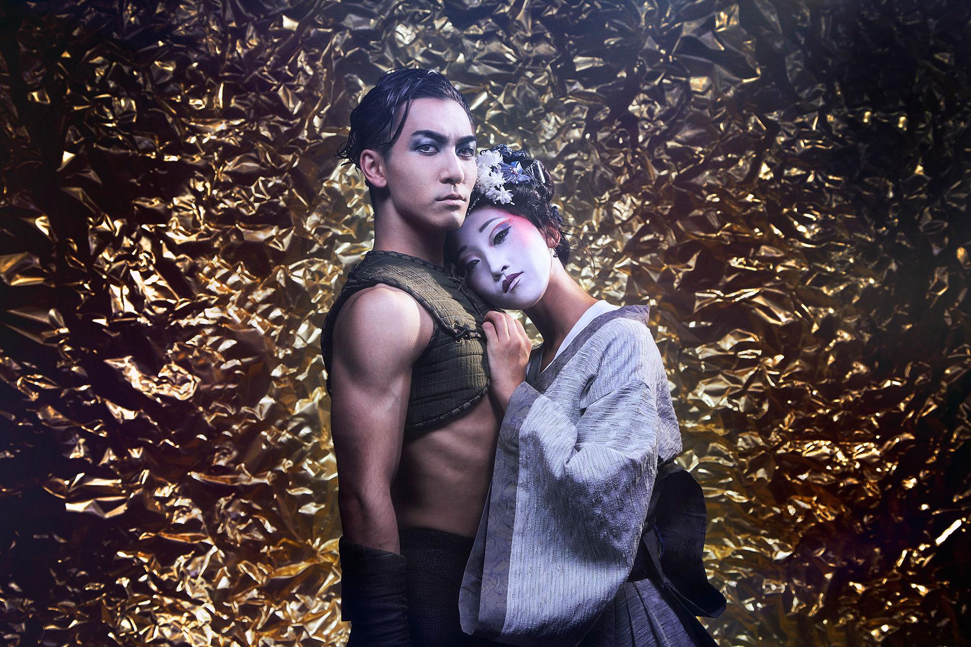 Dancers Riku Ito and Minju Kang as Samurai and Geisha look directly into the camera. Photo Guy Farrow