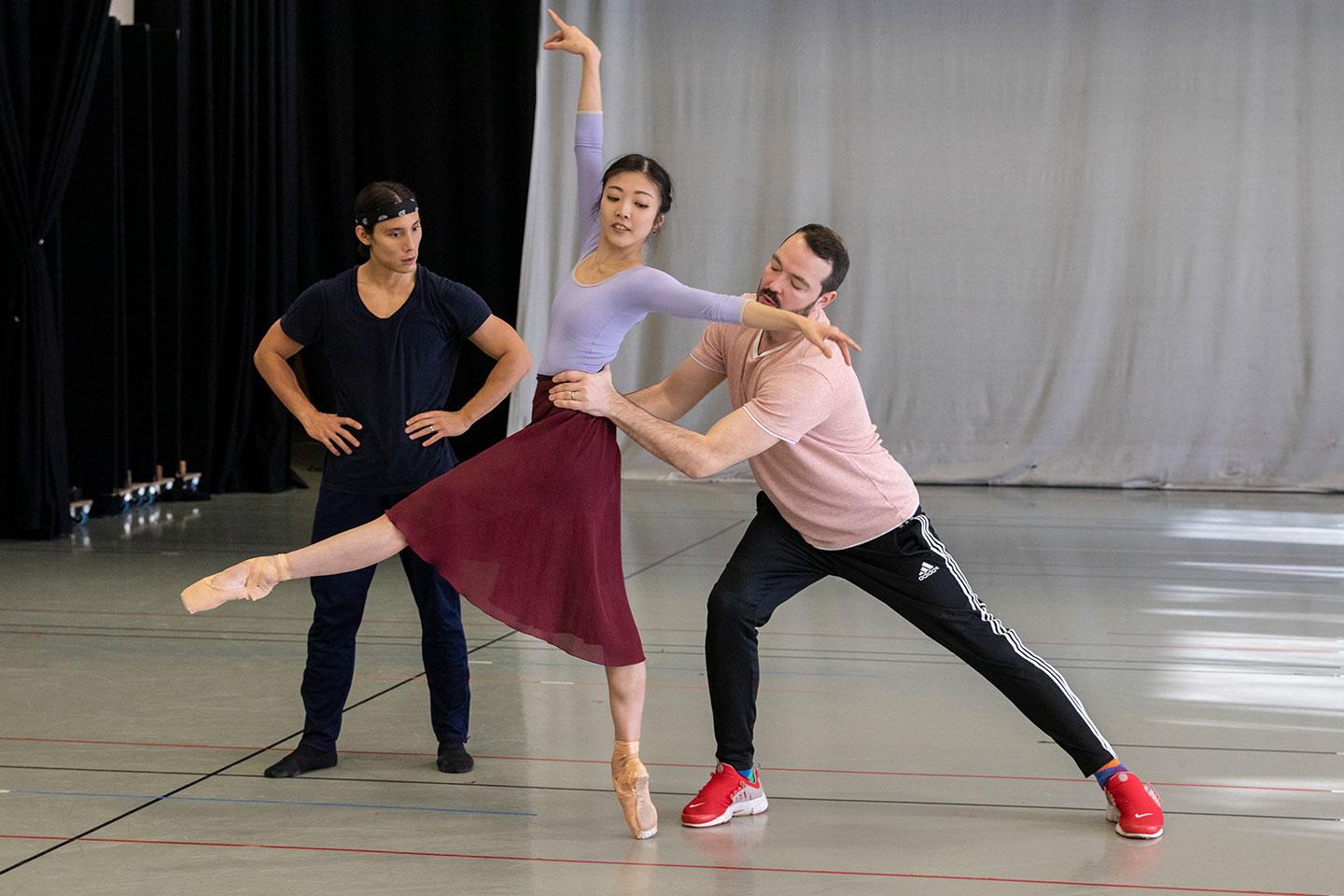 ayami Miyata and Kevin Poeung with the choreographer, Kenneth Tindall, rehearsing Geisha. Photo Lauren Godfrey.