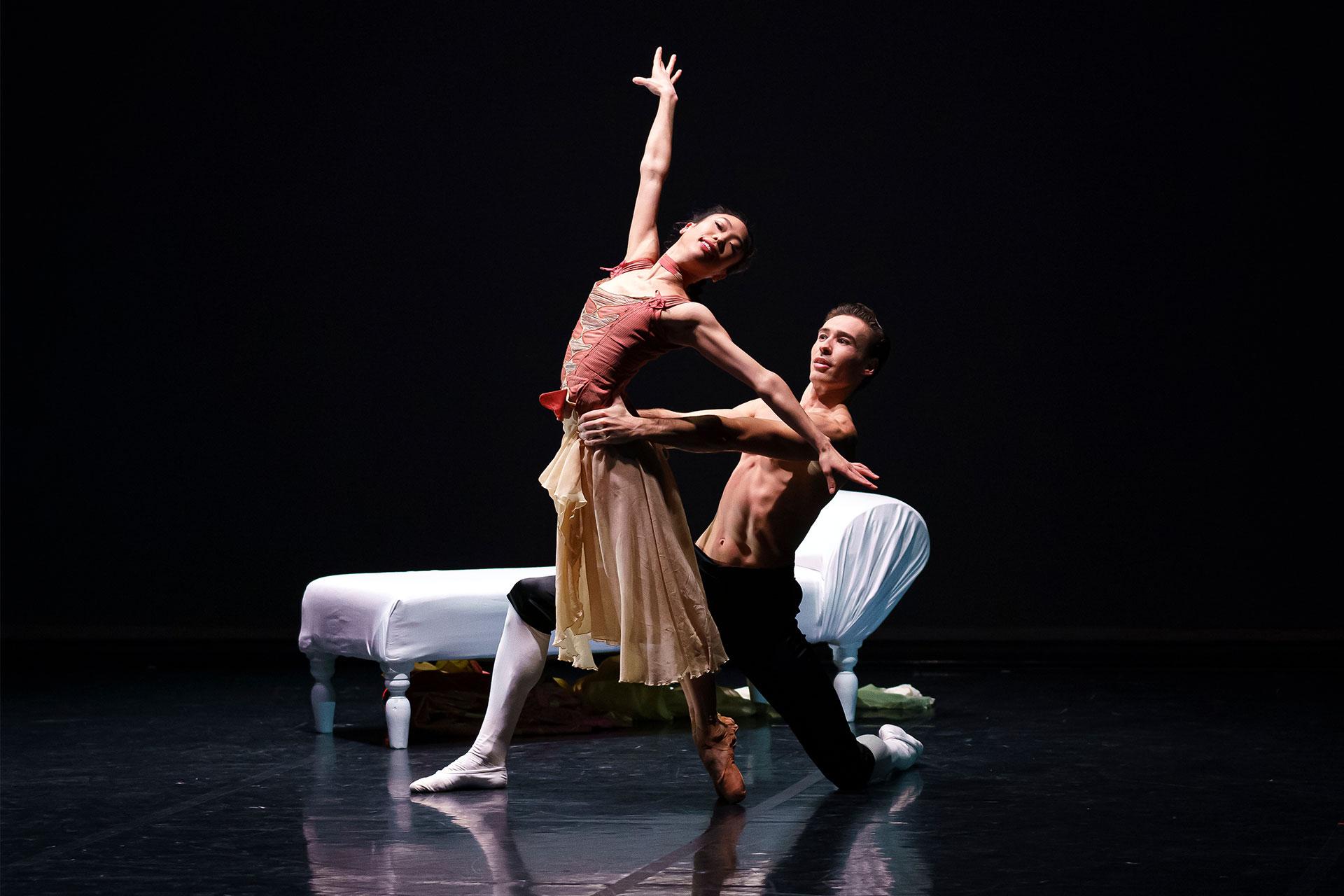 Sarah Chun as Courtesan Emilie and Joseph Taylor as Valmont in Dangerous Liaisons. Photo Emma Kauldhar