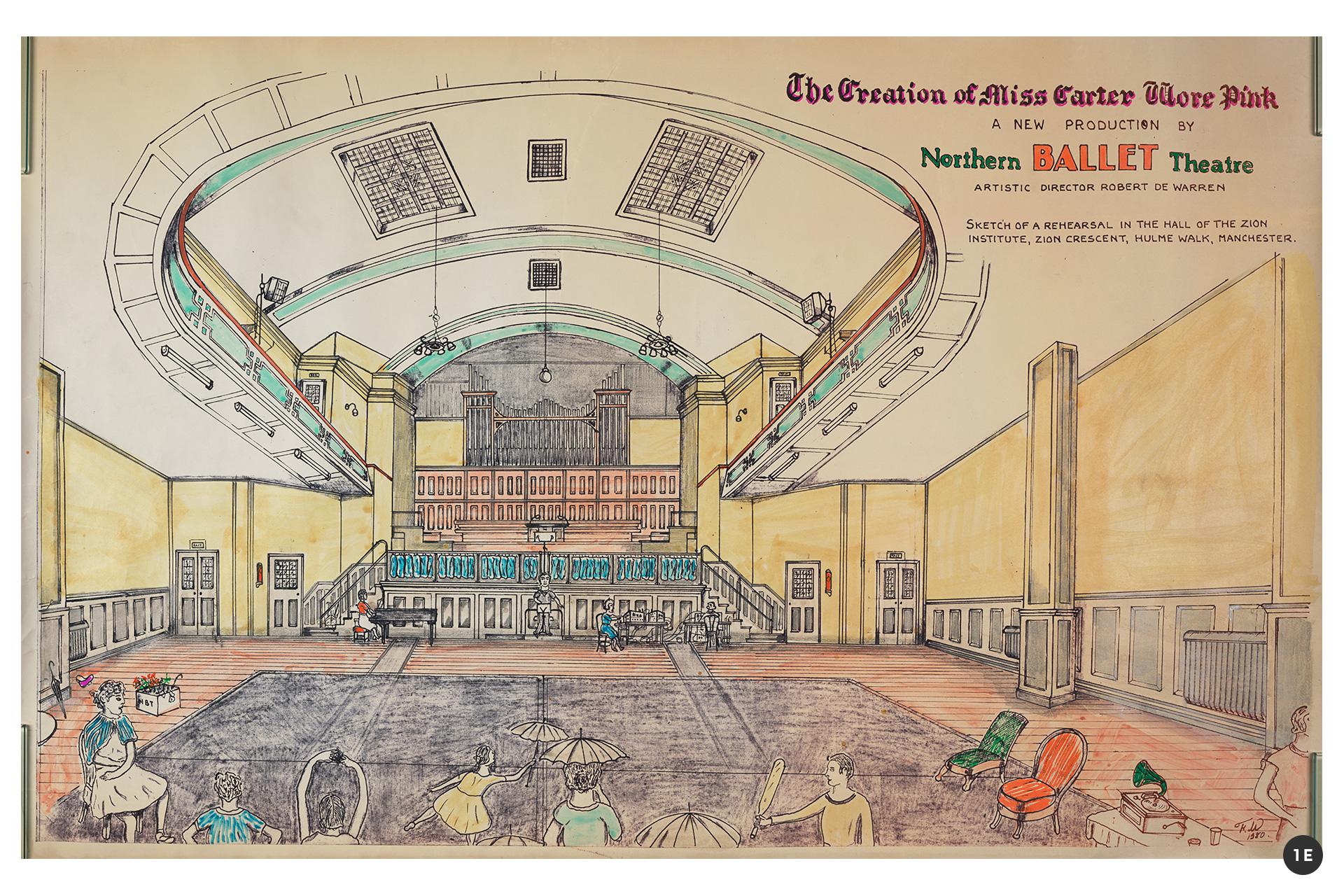 A sketch of a ballet studio with dancers in rehearsal