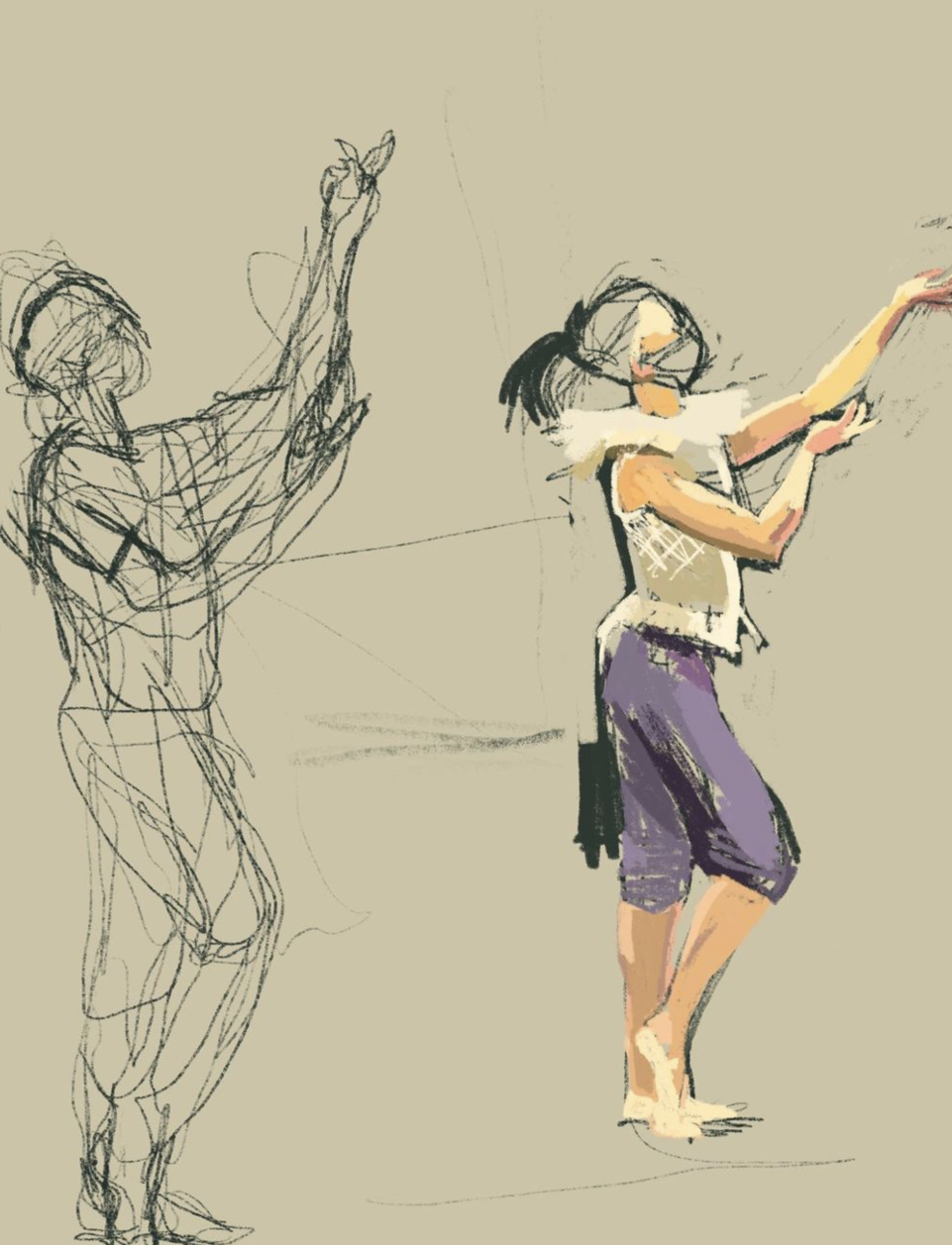 Artists sketch of two Northern Ballet dancers dressed in 18th century costume