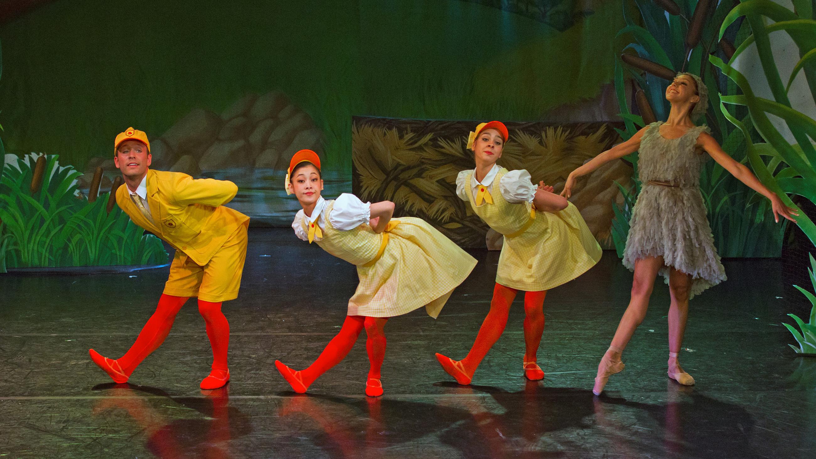 A photo of Northern Ballet dancers Isabella Gasparini, Ben Mitchell, Teresa Saavedra Bordes &amp; Ayana Kanda in Ugly Duckling, a ballet for children by Dreda Blow and Sebastian Loe. Photo Martin Bell, 2012.