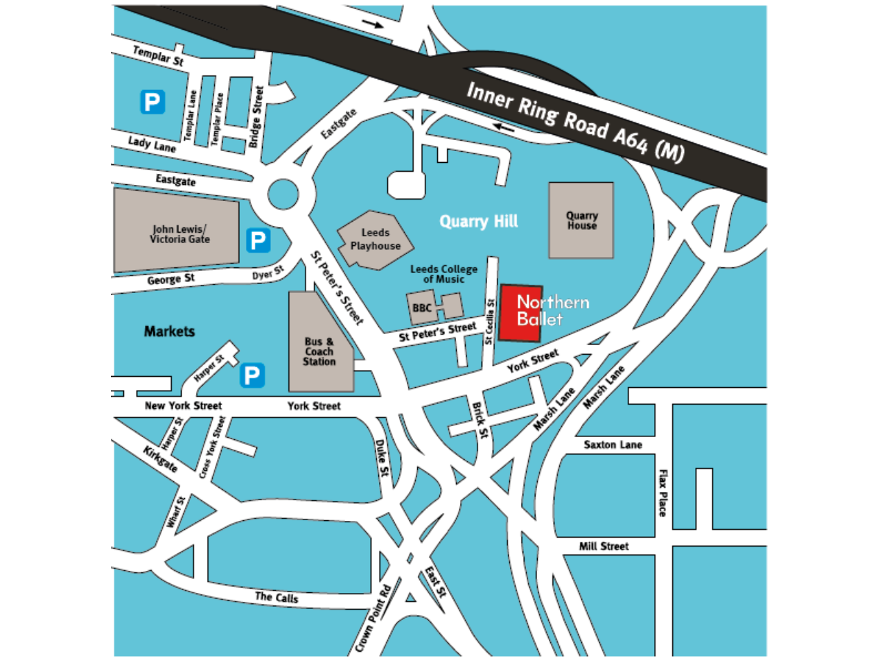 A map of the surrounding areas of Northern Ballet, including road names and building names.