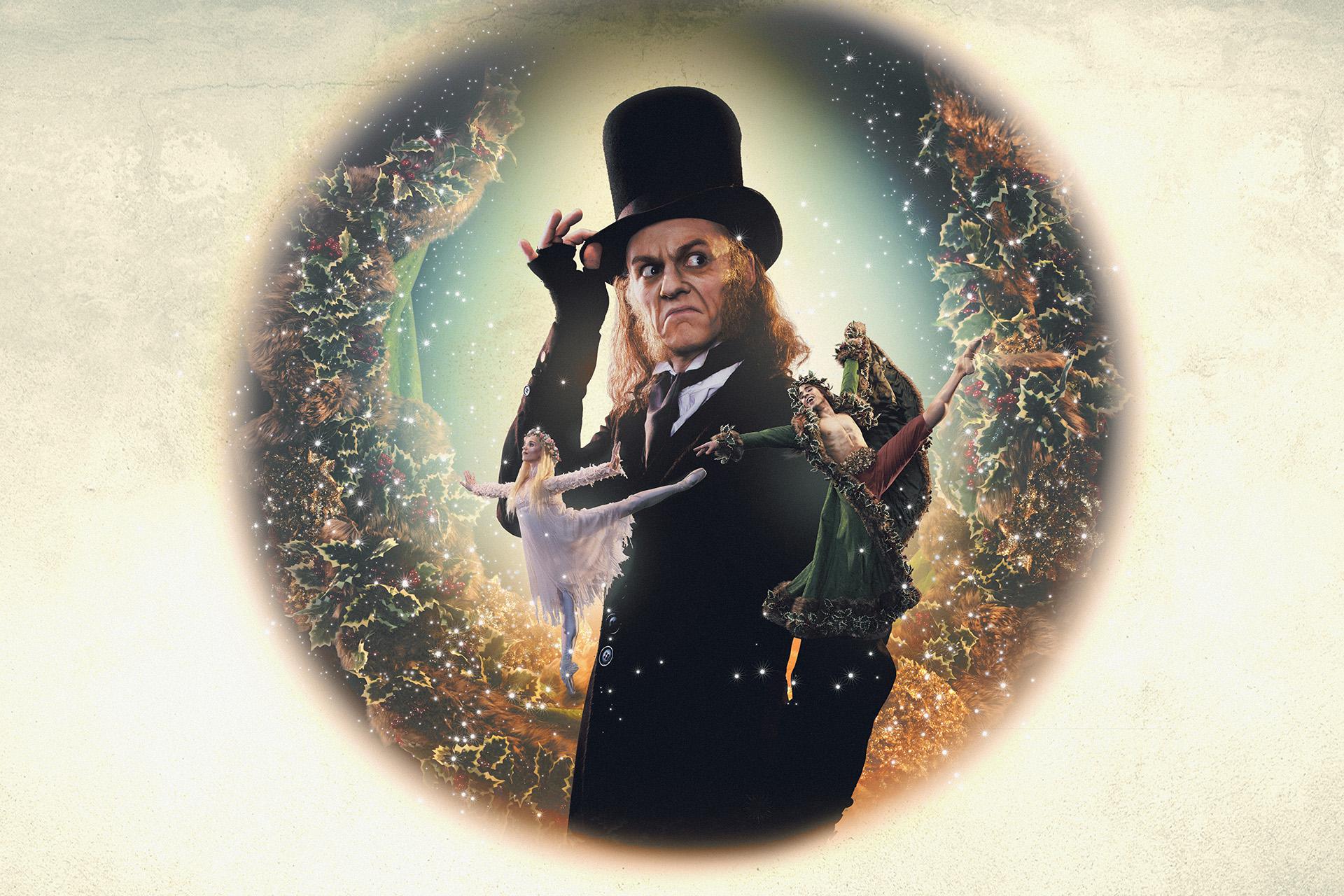 Poster image of A Christmas Carol with Scrooge in his top hat looking mean and in front of him the ghosts of Christmas past and present.