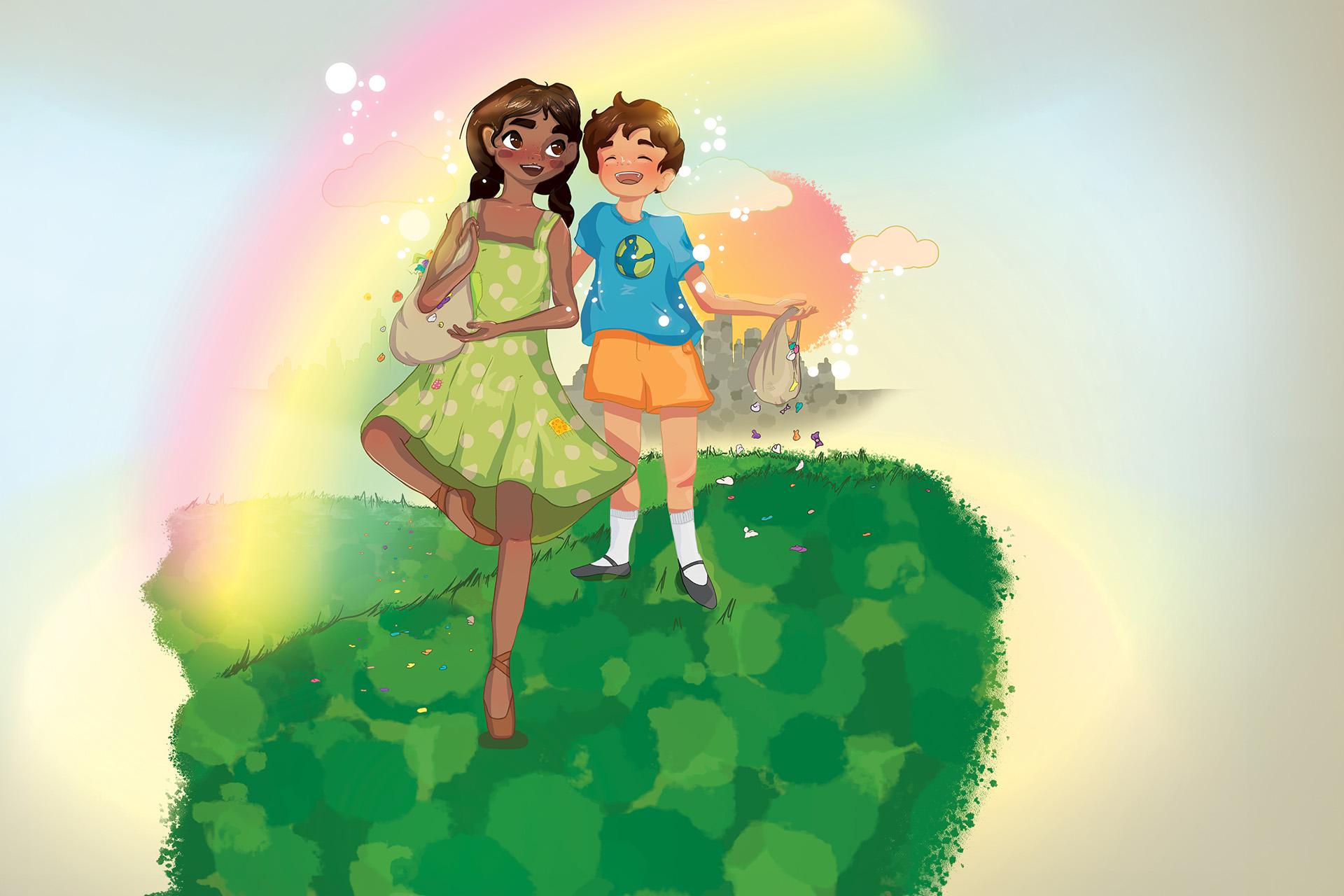 Illustration of a black dancer in a green dress en pointe and smiling, a small child in a blue T-shirt and orange shorts laughs next to her