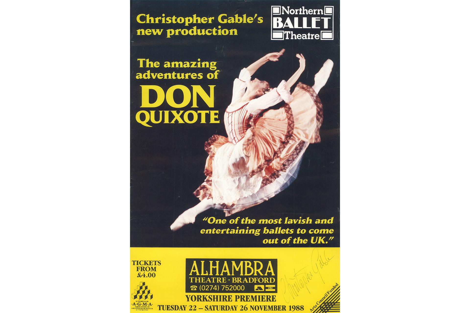 A poster with a dark background and yellow text. A dancer is featured on the poster in an impressive leap