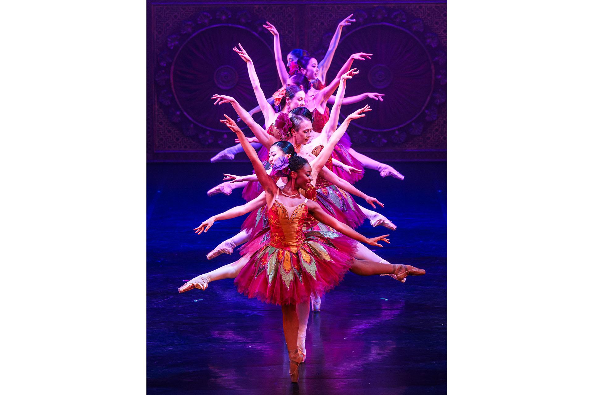 Standing in front of each other, eight dancers dressed as stylised flowers in red and green tutus each stand en pointe on one foot, each person standing on an alternate foot.