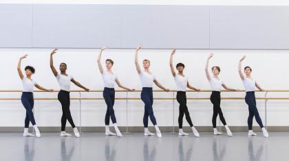 Seven male dancers stood at the bar with one arm raised 